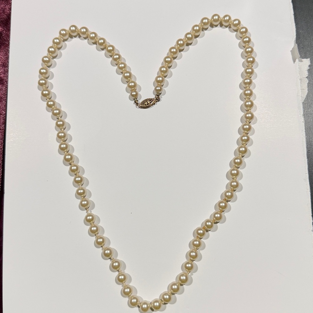 25” Hand Knotted Vintage Glass Pearl Necklace with gold filled catch